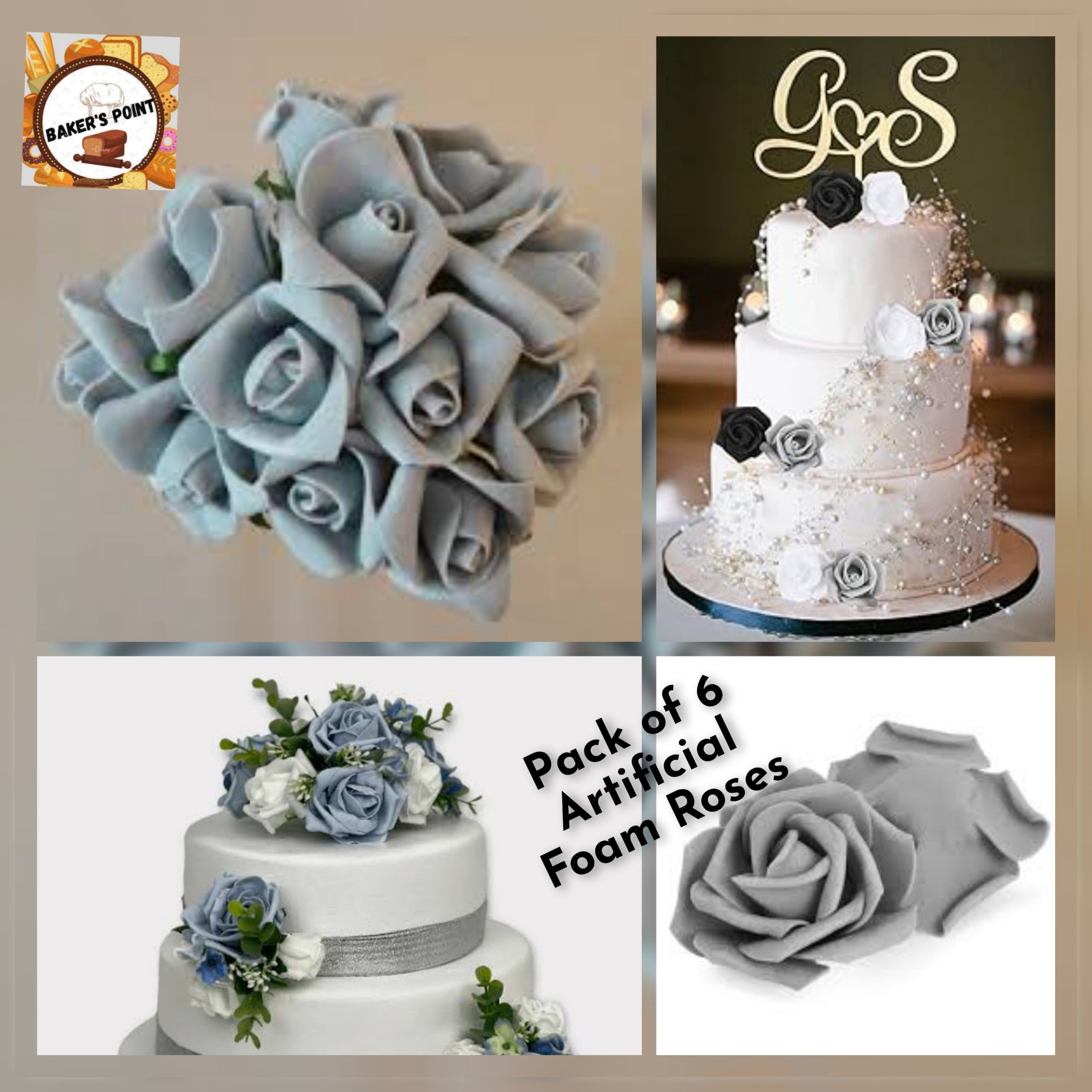 Pack Of 6 Artificial Grey Foam Roses