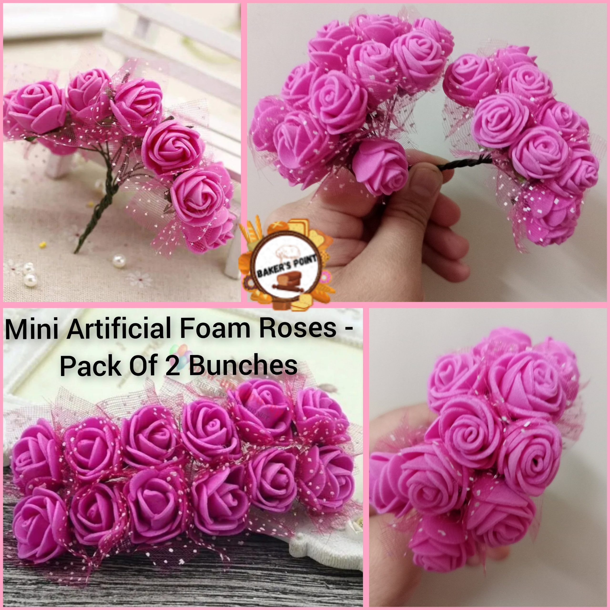 Mini Artificial Foam Roses – Pack Of 2 Bunches – Hot Pink