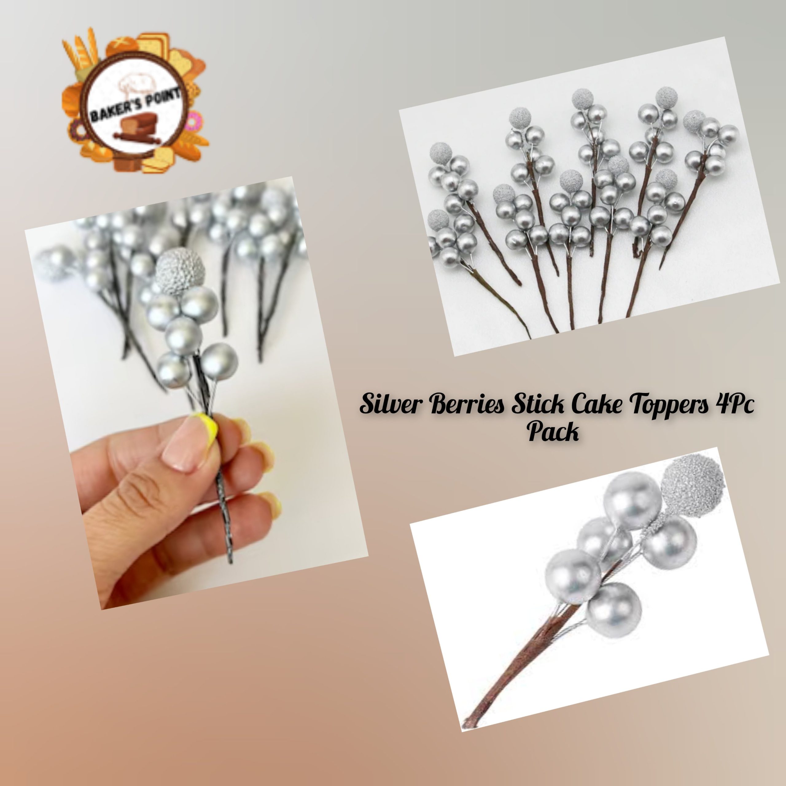 Berries Stick Cake Toppers Silver 4Pc Pack